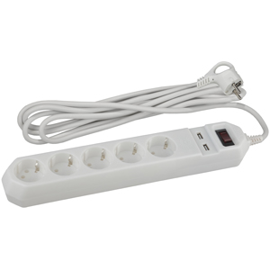 USF-5es-1.5m-USB-W Сетевой фильтр ЭРА (белый) с заземл, 3x0,75мм2, с выкл, 5гн+2USB, 1.5м - купить в Воронеже